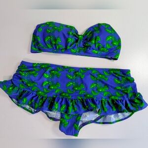 Kawaikulture Lobster Print Bikini Top & Skirt Bottom Se tSize L Blue Green EUC
